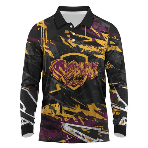 Personalized Brisbane Broncos Long Sleeve Polo Shirt Graffiti Grunge Abstract Urban Street Style Design