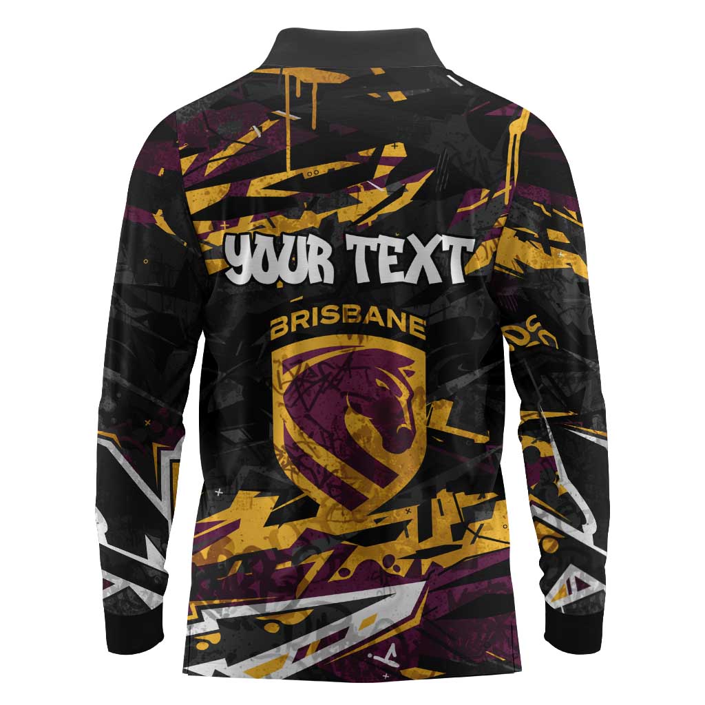 Personalized Brisbane Broncos Long Sleeve Polo Shirt Graffiti Grunge Abstract Urban Street Style Design