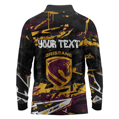 Personalized Brisbane Broncos Long Sleeve Polo Shirt Graffiti Grunge Abstract Urban Street Style Design