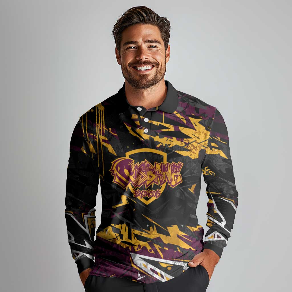 Personalized Brisbane Broncos Long Sleeve Polo Shirt Graffiti Grunge Abstract Urban Street Style Design