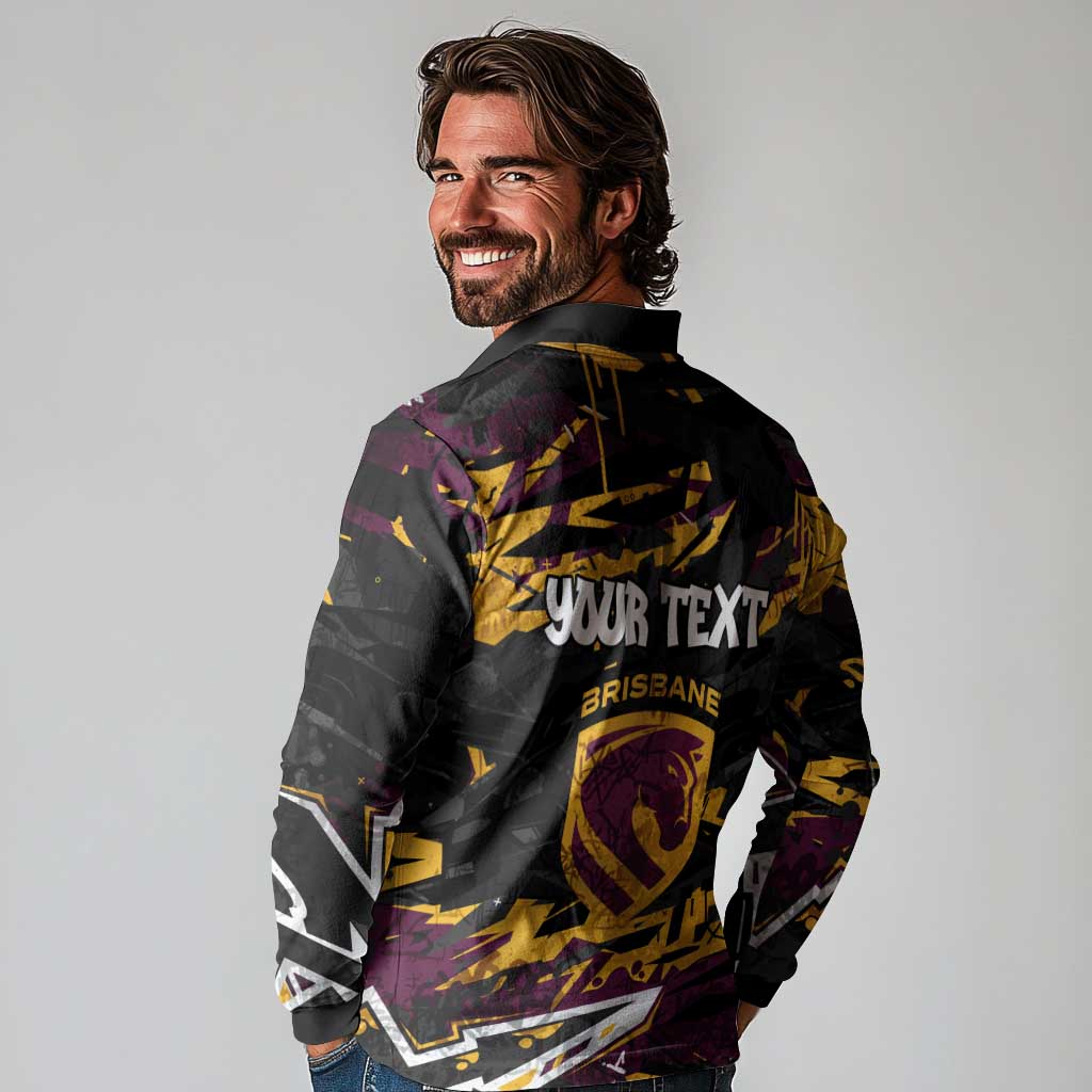 Personalized Brisbane Broncos Long Sleeve Polo Shirt Graffiti Grunge Abstract Urban Street Style Design