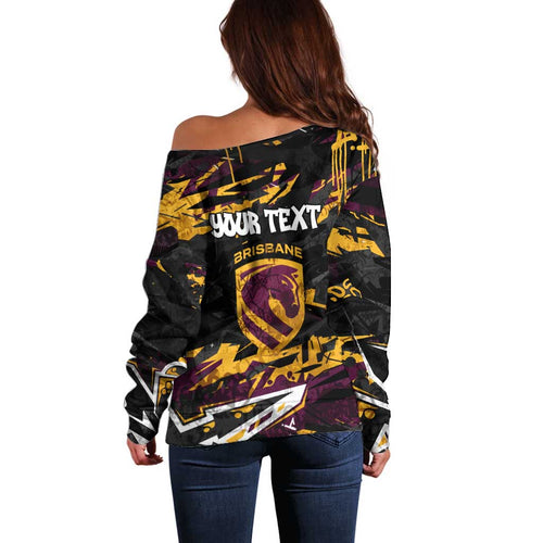 Personalized Brisbane Broncos Off Shoulder Sweater Graffiti Grunge Abstract Urban Street Style Design