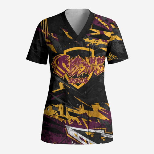 Personalized Brisbane Broncos Scrub Top Graffiti Grunge Abstract Urban Street Style Design