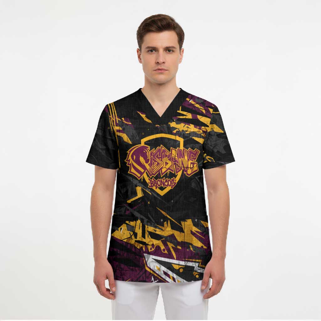 Personalized Brisbane Broncos Scrub Top Graffiti Grunge Abstract Urban Street Style Design