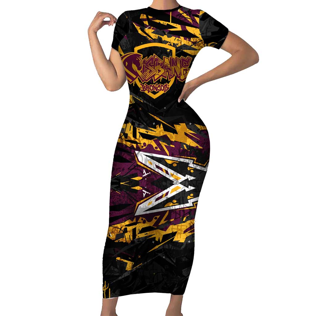 Personalized Brisbane Broncos Short Sleeve Bodycon Dress Graffiti Grunge Abstract Urban Street Style Design