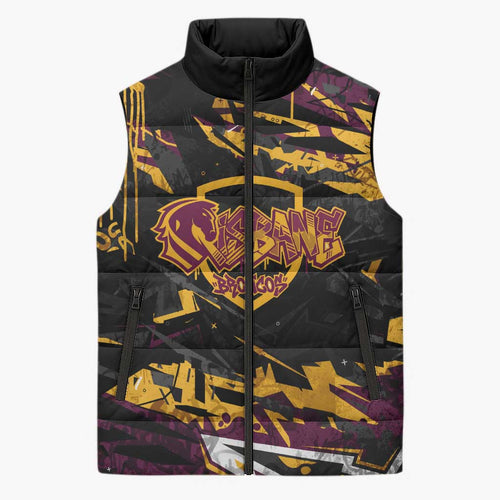 Personalized Brisbane Broncos Sleeveless Puffer Jacket Graffiti Grunge Abstract Urban Street Style Design