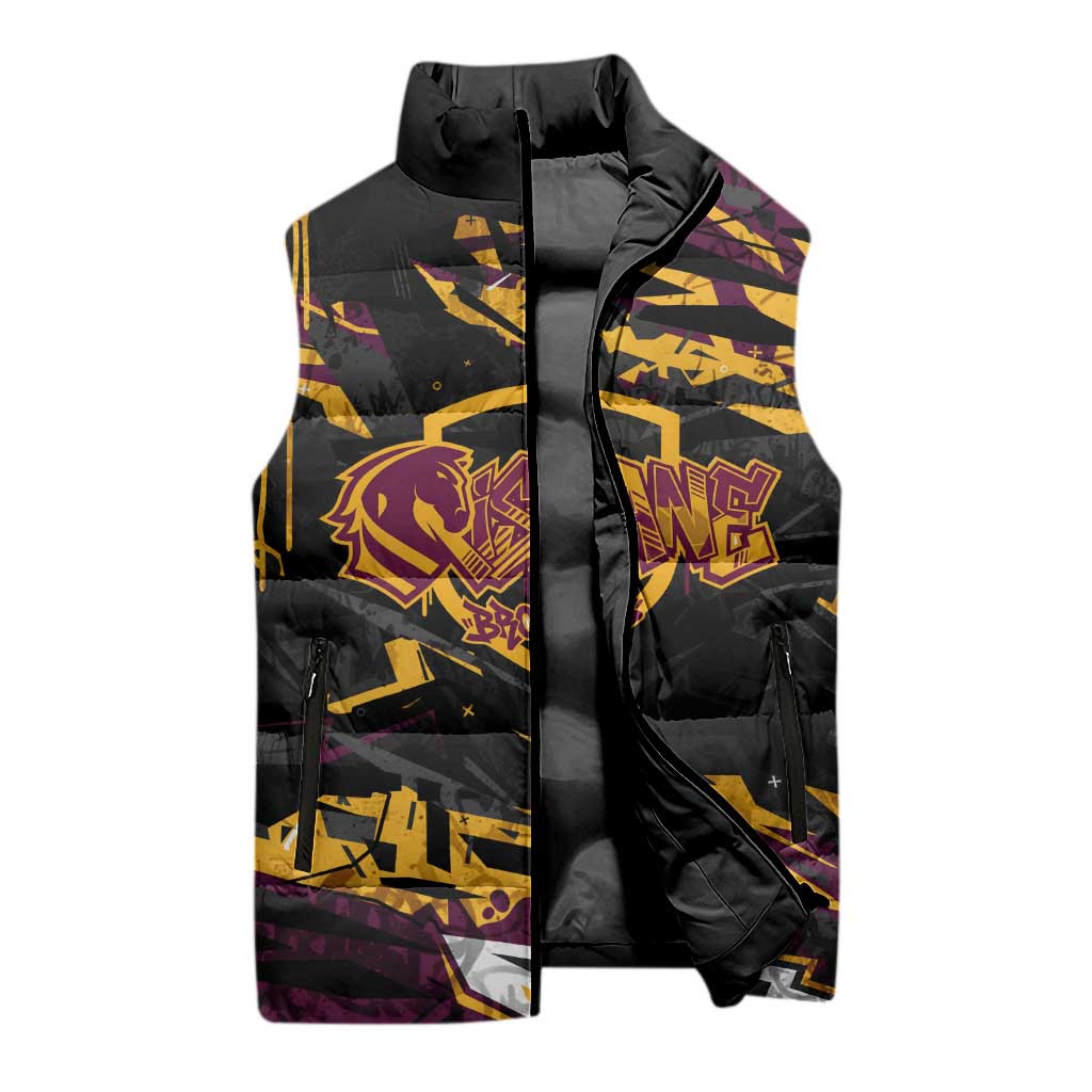 Personalized Brisbane Broncos Sleeveless Puffer Jacket Graffiti Grunge Abstract Urban Street Style Design