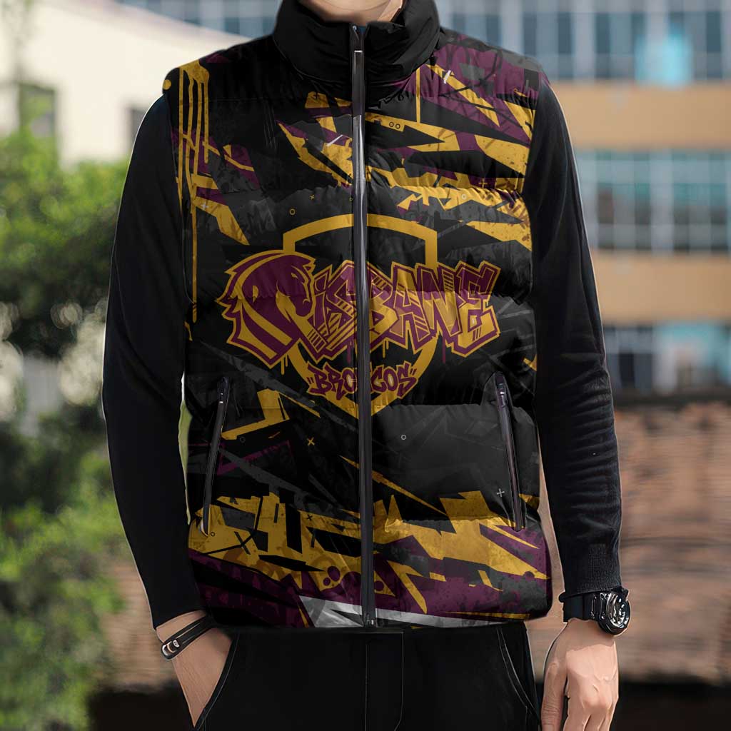 Personalized Brisbane Broncos Sleeveless Puffer Jacket Graffiti Grunge Abstract Urban Street Style Design