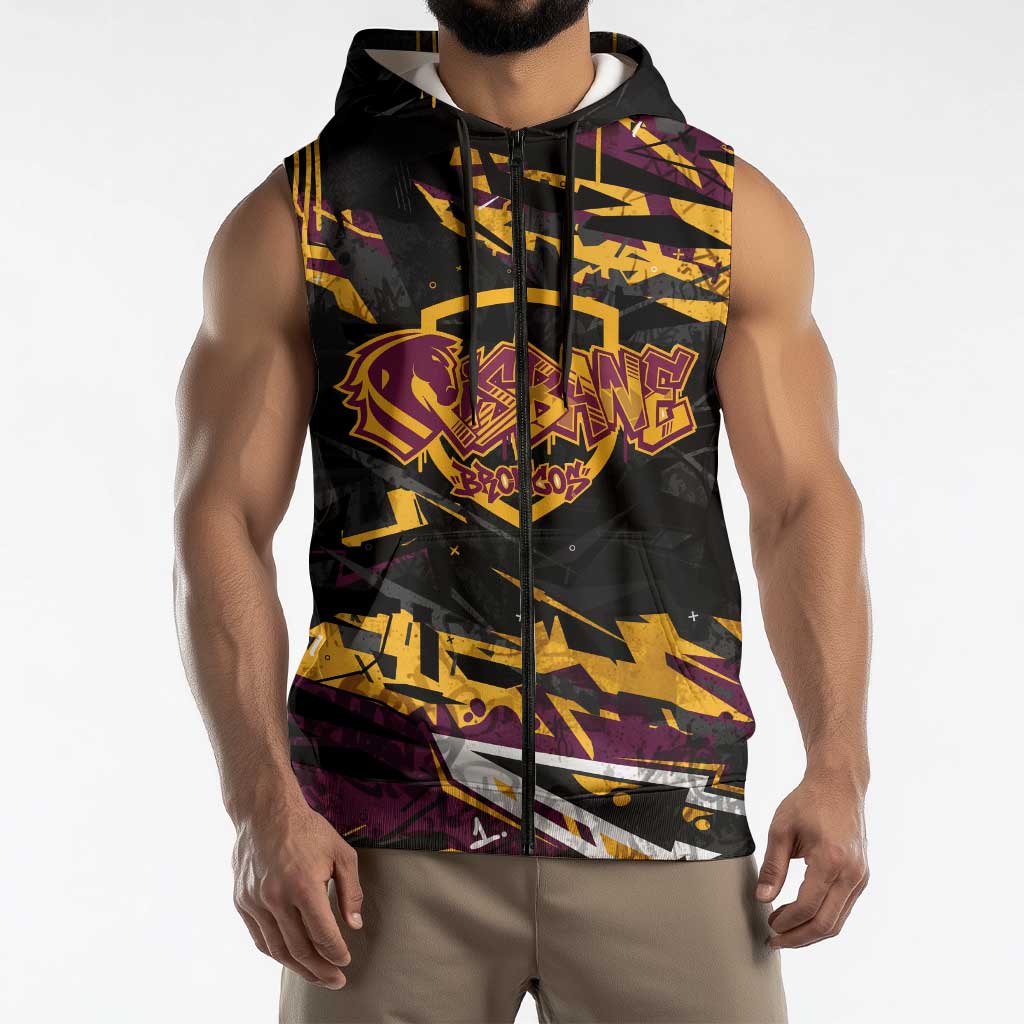 Personalized Brisbane Broncos Sleeveless Zip Hoodie Graffiti Grunge Abstract Urban Street Style Design