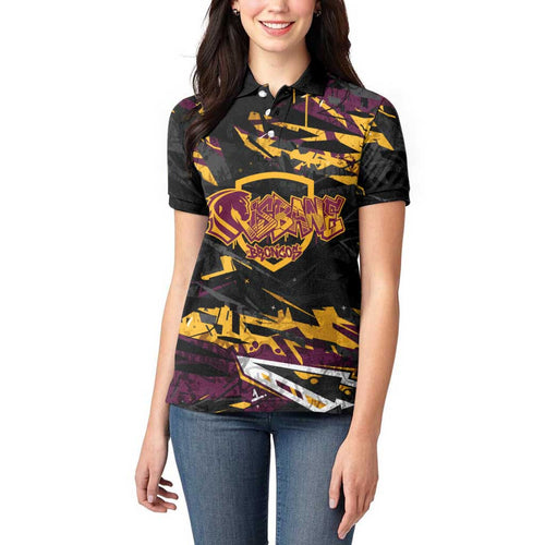 Personalized Brisbane Broncos Women Polo Shirt Graffiti Grunge Abstract Urban Street Style Design