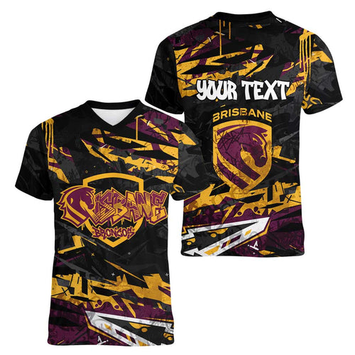 Personalized Brisbane Broncos Women V-Neck T-Shirt Graffiti Grunge Abstract Urban Street Style Design