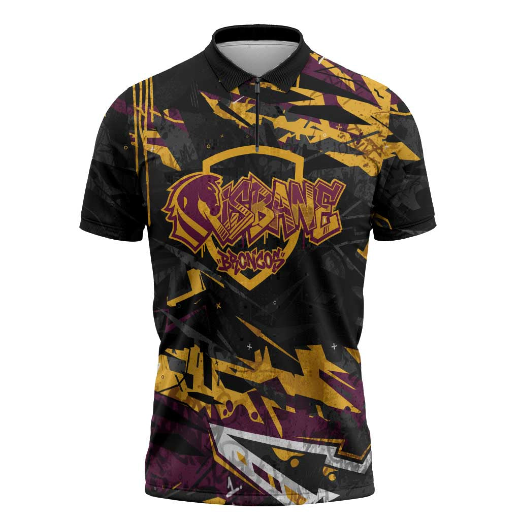 Personalized Brisbane Broncos Zipper Polo Shirt Graffiti Grunge Abstract Urban Street Style Design