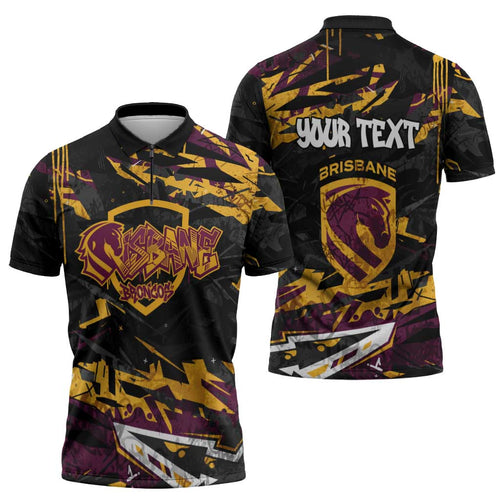 Personalized Brisbane Broncos Zipper Polo Shirt Graffiti Grunge Abstract Urban Street Style Design