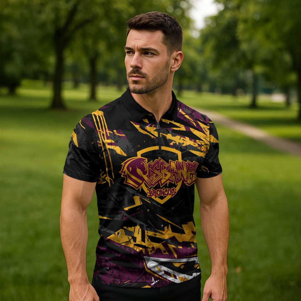 Personalized Brisbane Broncos Zipper Polo Shirt Graffiti Grunge Abstract Urban Street Style Design