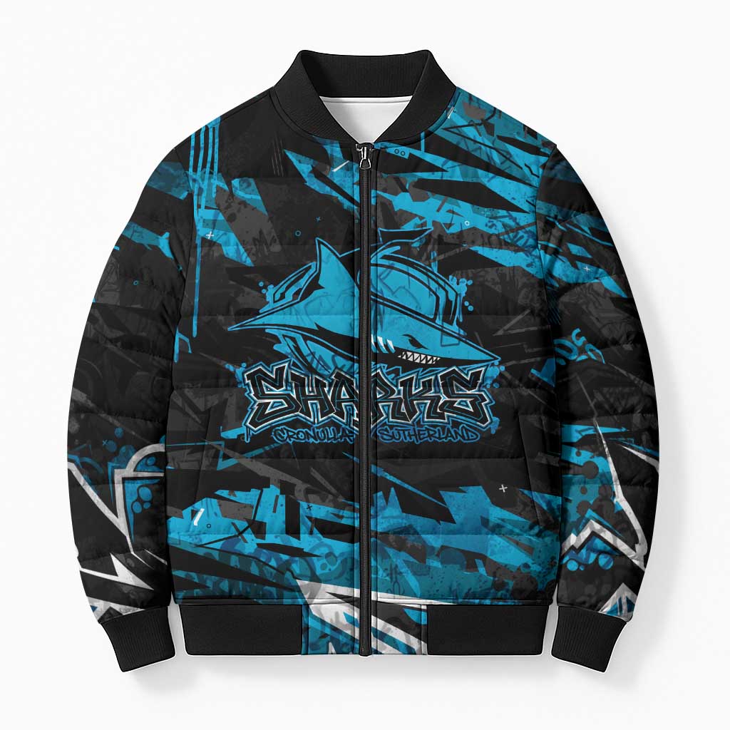 Personalized Cronulla Sutherland Sharks Bomber Puffer Jacket Graffiti Grunge Abstract Urban Street Style Design