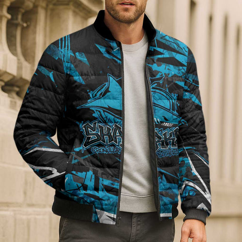 Personalized Cronulla Sutherland Sharks Bomber Puffer Jacket Graffiti Grunge Abstract Urban Street Style Design