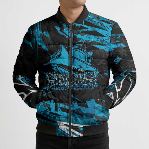Personalized Cronulla Sutherland Sharks Bomber Puffer Jacket Graffiti Grunge Abstract Urban Street Style Design