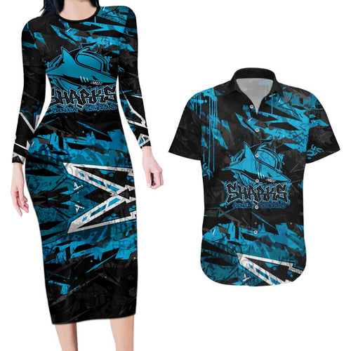Personalized Cronulla Sutherland Sharks Couples Matching Long Sleeve Bodycon Dress and Hawaiian Shirt Graffiti Grunge Abstract Urban Street Style Design