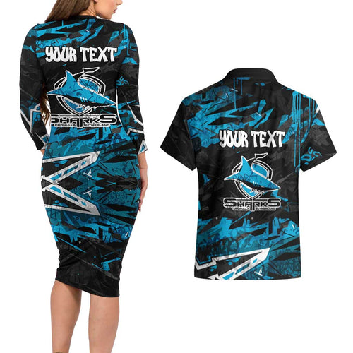 Personalized Cronulla Sutherland Sharks Couples Matching Long Sleeve Bodycon Dress and Hawaiian Shirt Graffiti Grunge Abstract Urban Street Style Design