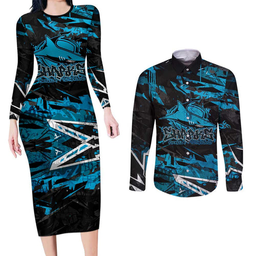 Personalized Cronulla Sutherland Sharks Couples Matching Long Sleeve Bodycon Dress and Long Sleeve Button Shirt Graffiti Grunge Abstract Urban Street Style Design