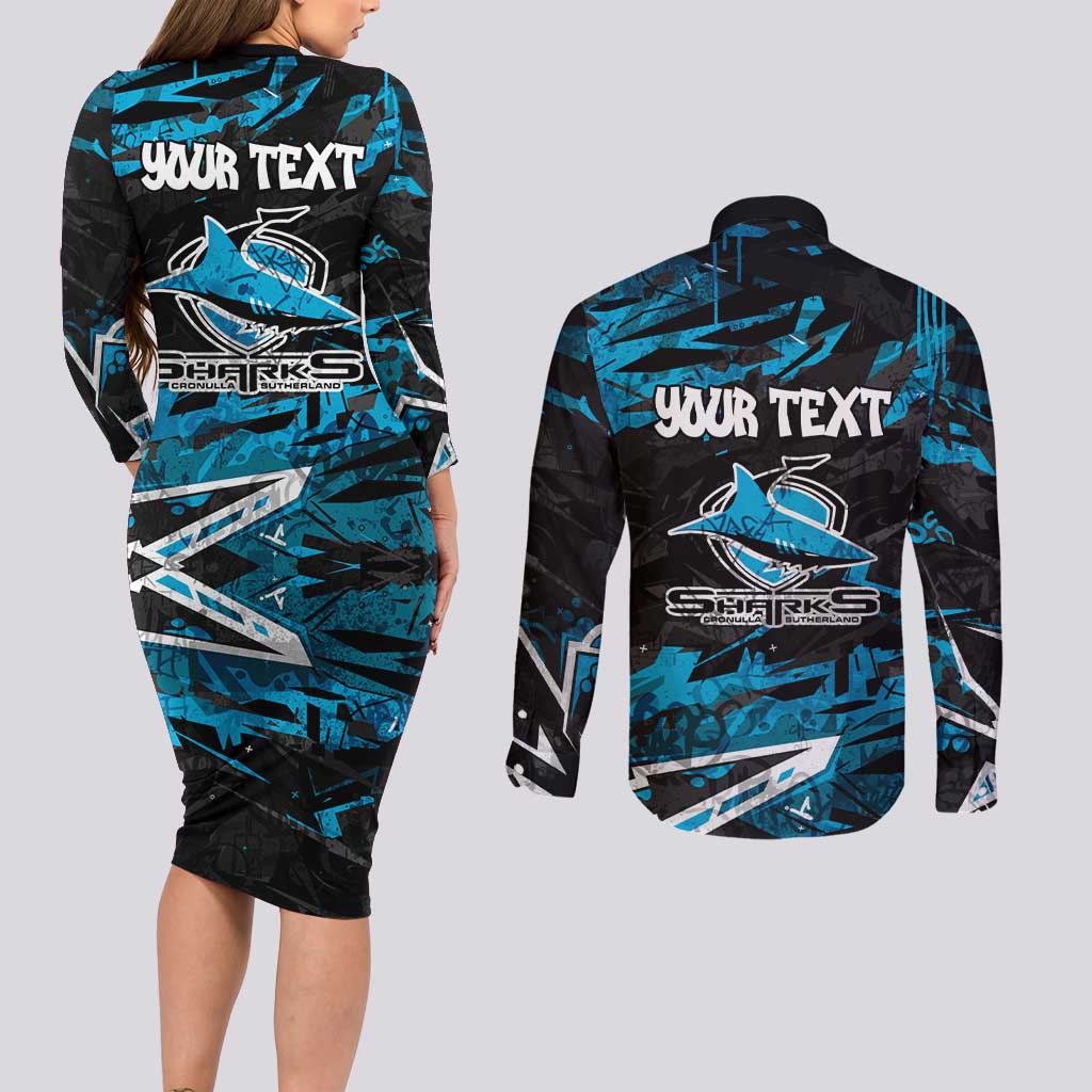 Personalized Cronulla Sutherland Sharks Couples Matching Long Sleeve Bodycon Dress and Long Sleeve Button Shirt Graffiti Grunge Abstract Urban Street Style Design