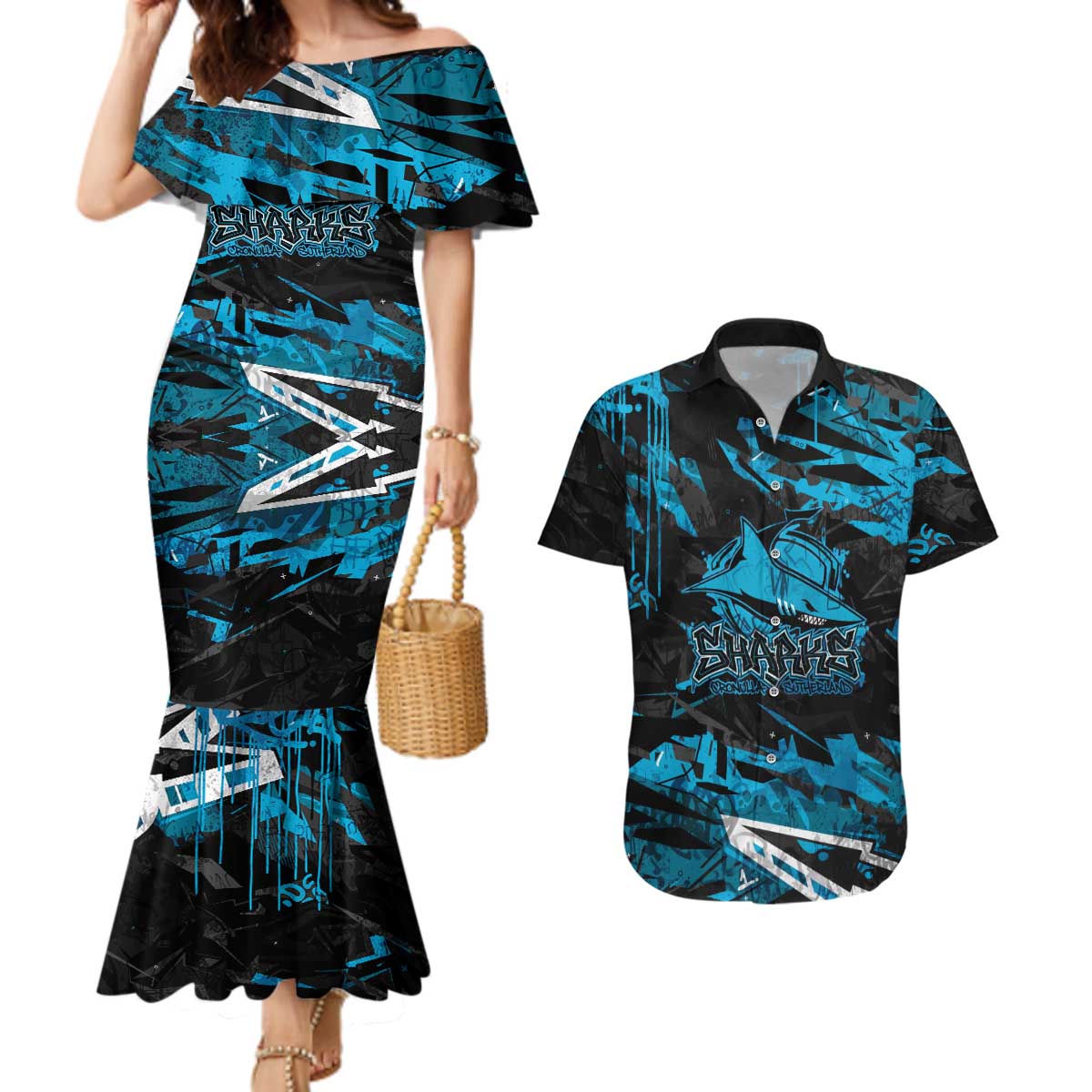 Personalized Cronulla Sutherland Sharks Couples Matching Mermaid Dress and Hawaiian Shirt Graffiti Grunge Abstract Urban Street Style Design