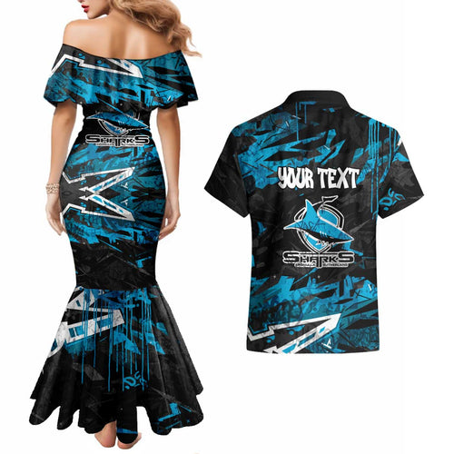 Personalized Cronulla Sutherland Sharks Couples Matching Mermaid Dress and Hawaiian Shirt Graffiti Grunge Abstract Urban Street Style Design