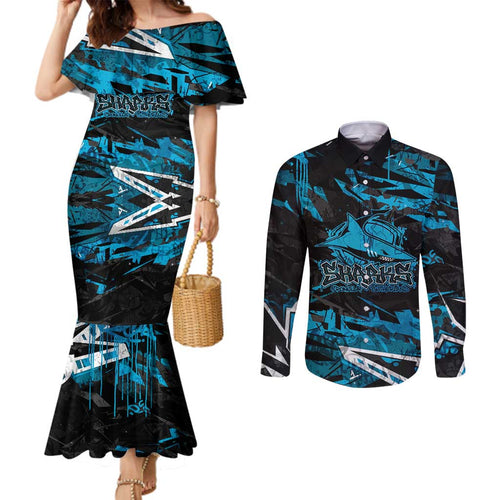 Personalized Cronulla Sutherland Sharks Couples Matching Mermaid Dress and Long Sleeve Button Shirt Graffiti Grunge Abstract Urban Street Style Design