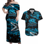 Personalized Cronulla Sutherland Sharks Couples Matching Off Shoulder Maxi Dress and Hawaiian Shirt Graffiti Grunge Abstract Urban Street Style Design
