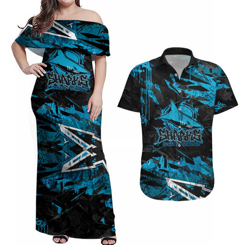 Personalized Cronulla Sutherland Sharks Couples Matching Off Shoulder Maxi Dress and Hawaiian Shirt Graffiti Grunge Abstract Urban Street Style Design