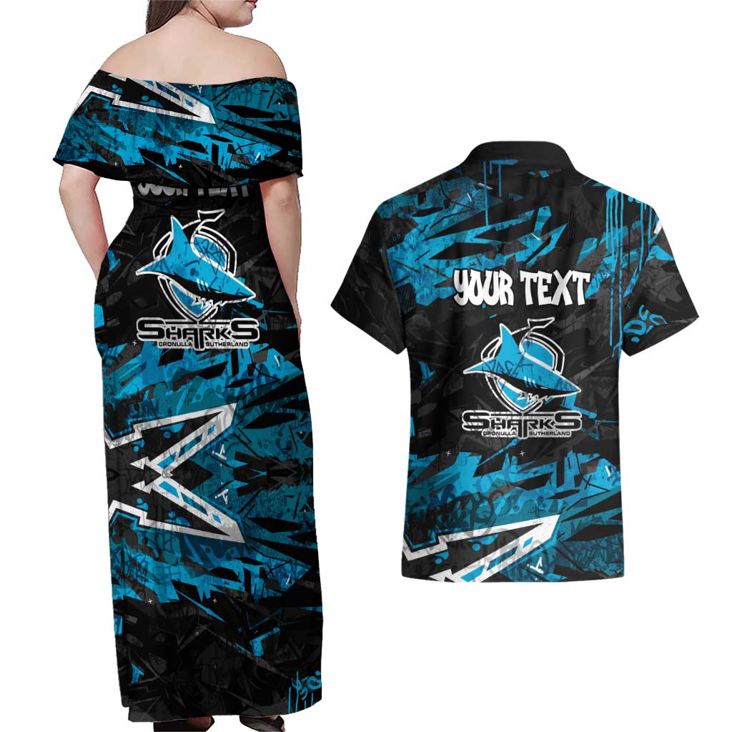 Personalized Cronulla Sutherland Sharks Couples Matching Off Shoulder Maxi Dress and Hawaiian Shirt Graffiti Grunge Abstract Urban Street Style Design