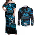 Personalized Cronulla Sutherland Sharks Couples Matching Off Shoulder Maxi Dress and Long Sleeve Button Shirt Graffiti Grunge Abstract Urban Street Style Design