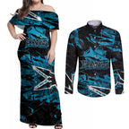 Personalized Cronulla Sutherland Sharks Couples Matching Off Shoulder Maxi Dress and Long Sleeve Button Shirt Graffiti Grunge Abstract Urban Street Style Design
