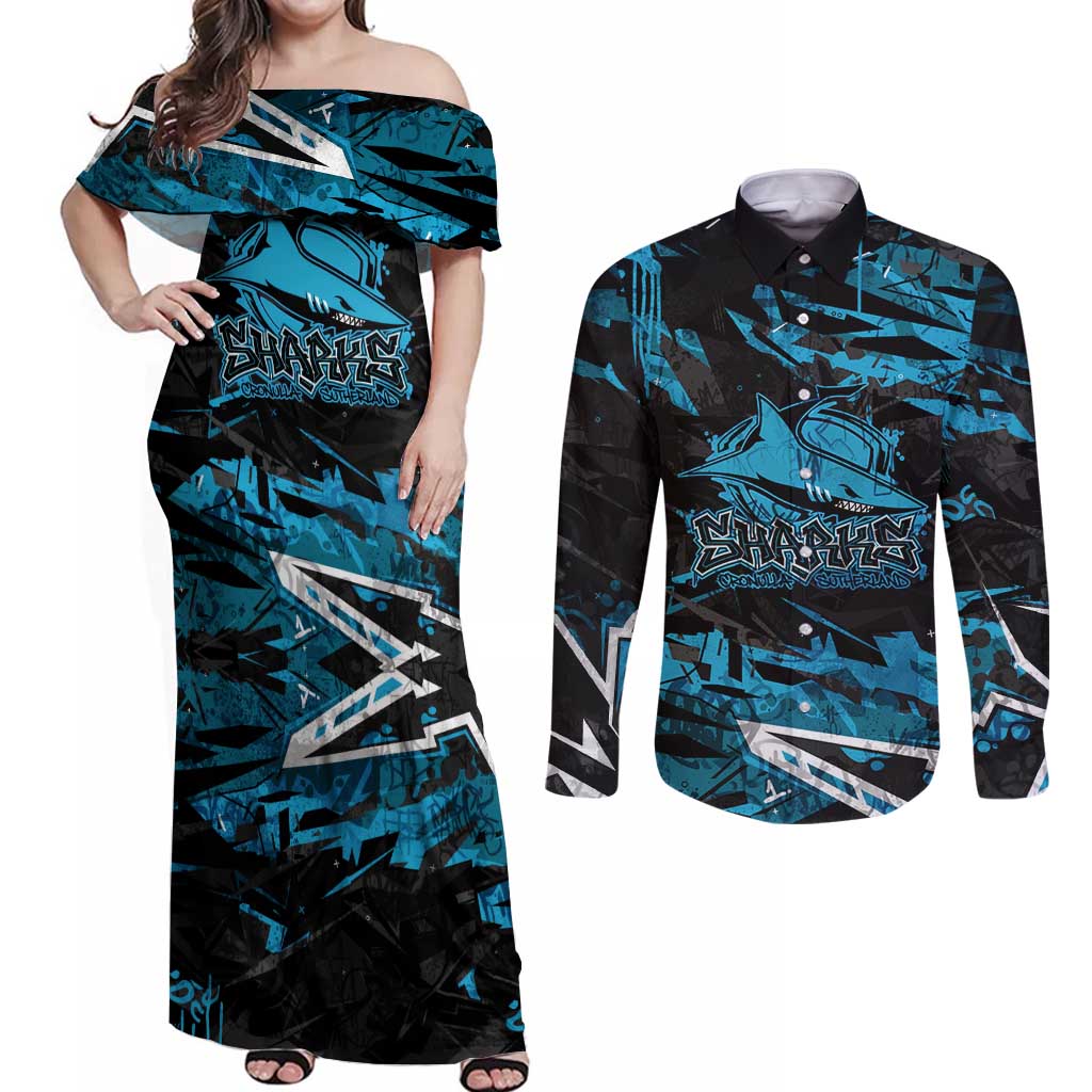 Personalized Cronulla Sutherland Sharks Couples Matching Off Shoulder Maxi Dress and Long Sleeve Button Shirt Graffiti Grunge Abstract Urban Street Style Design