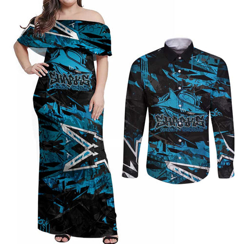 Personalized Cronulla Sutherland Sharks Couples Matching Off Shoulder Maxi Dress and Long Sleeve Button Shirt Graffiti Grunge Abstract Urban Street Style Design