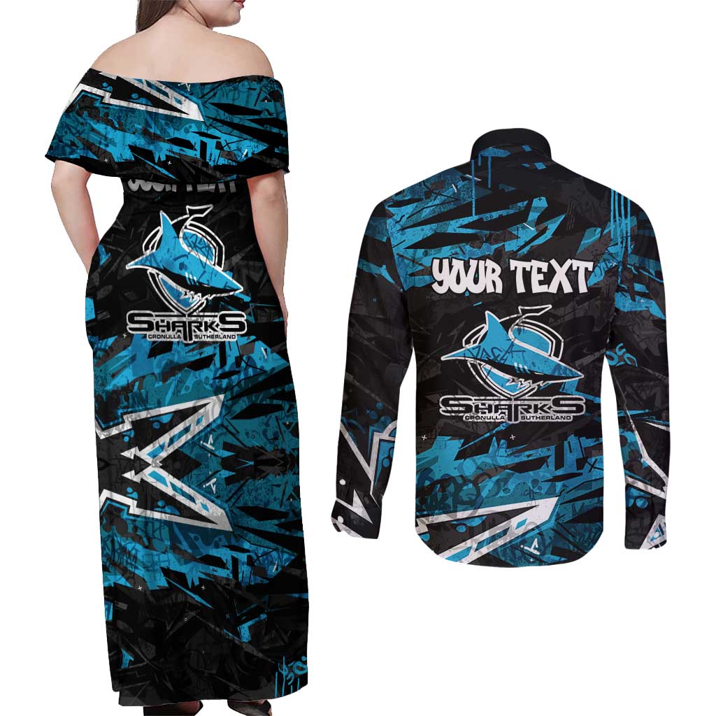 Personalized Cronulla Sutherland Sharks Couples Matching Off Shoulder Maxi Dress and Long Sleeve Button Shirt Graffiti Grunge Abstract Urban Street Style Design