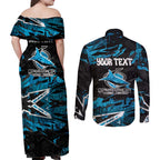 Personalized Cronulla Sutherland Sharks Couples Matching Off Shoulder Maxi Dress and Long Sleeve Button Shirt Graffiti Grunge Abstract Urban Street Style Design