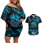 Personalized Cronulla Sutherland Sharks Couples Matching Off Shoulder Short Dress and Hawaiian Shirt Graffiti Grunge Abstract Urban Street Style Design