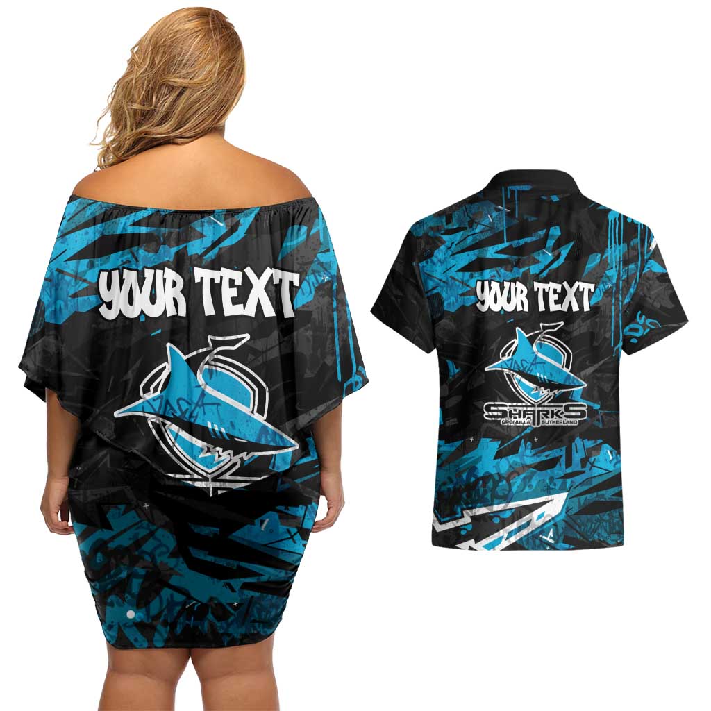 Personalized Cronulla Sutherland Sharks Couples Matching Off Shoulder Short Dress and Hawaiian Shirt Graffiti Grunge Abstract Urban Street Style Design