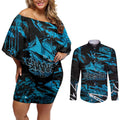 Personalized Cronulla Sutherland Sharks Couples Matching Off Shoulder Short Dress and Long Sleeve Button Shirt Graffiti Grunge Abstract Urban Street Style Design