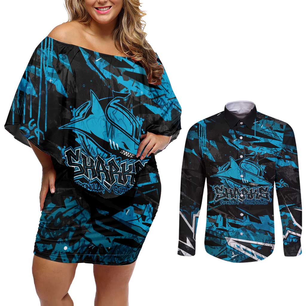 Personalized Cronulla Sutherland Sharks Couples Matching Off Shoulder Short Dress and Long Sleeve Button Shirt Graffiti Grunge Abstract Urban Street Style Design