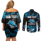 Personalized Cronulla Sutherland Sharks Couples Matching Off Shoulder Short Dress and Long Sleeve Button Shirt Graffiti Grunge Abstract Urban Street Style Design