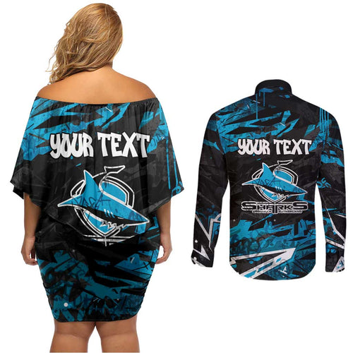 Personalized Cronulla Sutherland Sharks Couples Matching Off Shoulder Short Dress and Long Sleeve Button Shirt Graffiti Grunge Abstract Urban Street Style Design