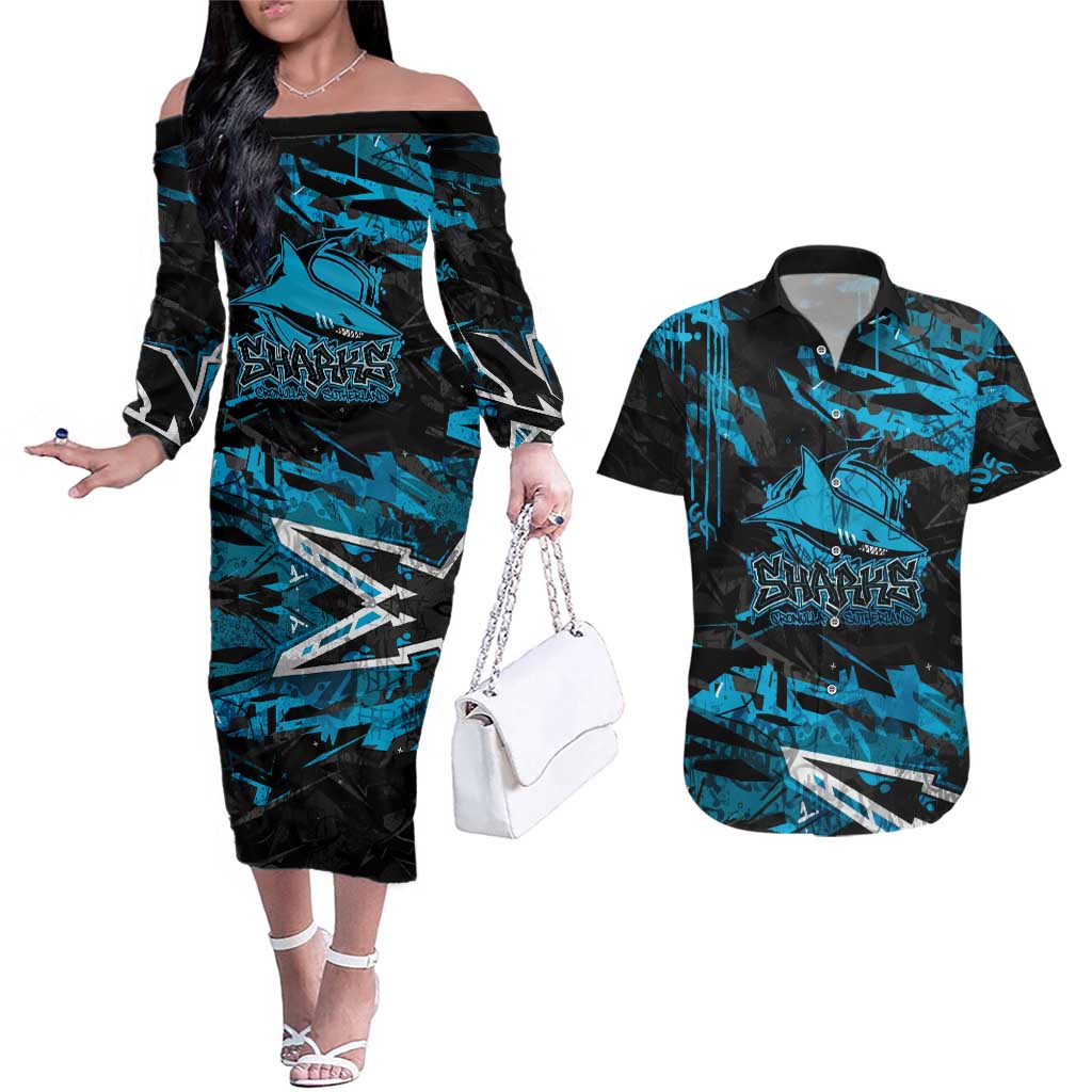 Personalized Cronulla Sutherland Sharks Couples Matching Off The Shoulder Long Sleeve Dress and Hawaiian Shirt Graffiti Grunge Abstract Urban Street Style Design