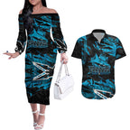 Personalized Cronulla Sutherland Sharks Couples Matching Off The Shoulder Long Sleeve Dress and Hawaiian Shirt Graffiti Grunge Abstract Urban Street Style Design