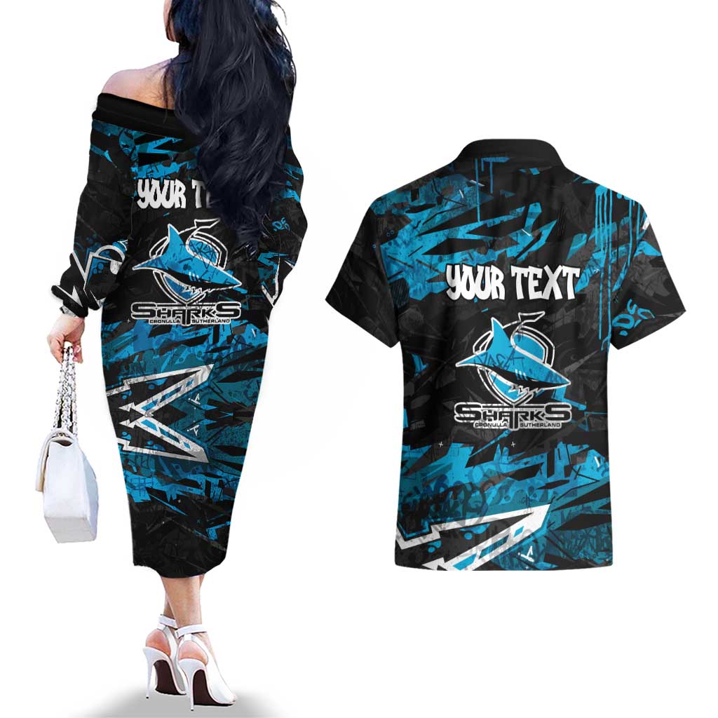 Personalized Cronulla Sutherland Sharks Couples Matching Off The Shoulder Long Sleeve Dress and Hawaiian Shirt Graffiti Grunge Abstract Urban Street Style Design