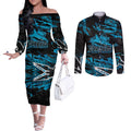 Personalized Cronulla Sutherland Sharks Couples Matching Off The Shoulder Long Sleeve Dress and Long Sleeve Button Shirt Graffiti Grunge Abstract Urban Street Style Design
