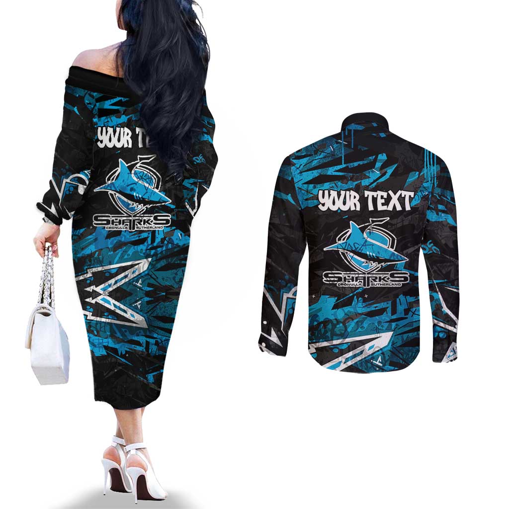 Personalized Cronulla Sutherland Sharks Couples Matching Off The Shoulder Long Sleeve Dress and Long Sleeve Button Shirt Graffiti Grunge Abstract Urban Street Style Design