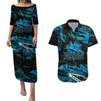 Personalized Cronulla Sutherland Sharks Couples Matching Puletasi and Hawaiian Shirt Graffiti Grunge Abstract Urban Street Style Design