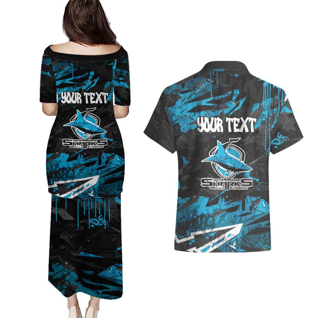 Personalized Cronulla Sutherland Sharks Couples Matching Puletasi and Hawaiian Shirt Graffiti Grunge Abstract Urban Street Style Design